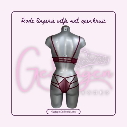 Achterkant van een sexy rode lingerie setje gepresenteerd op een paspop met de doorschijnende rode Braziliaan slip met open kruis