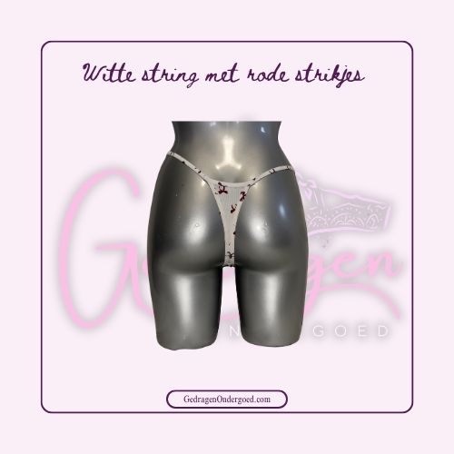 Achterkant Stoffen witte string met rode strikjes en zilveren metalen strikjes in de band gedragen door gedragen ondergoed gepresenteerd op een paspop