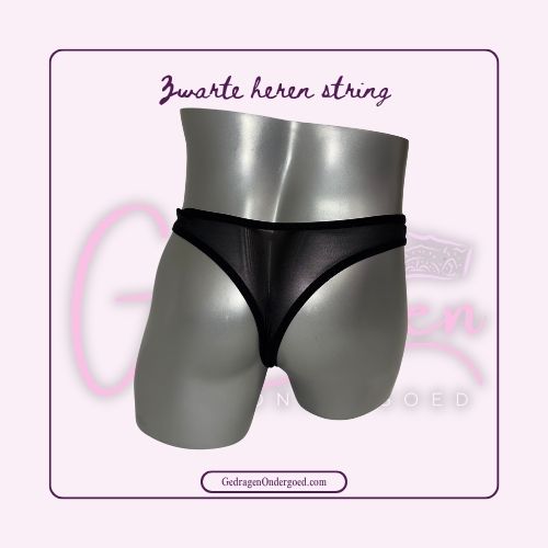 Achterkant van een doorzichtige zwarte heren string gepresenteerd door een pop