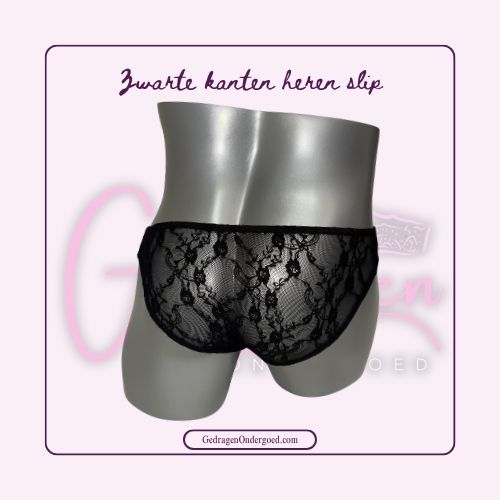 achterkant van een kanten heren slip in het zwart gepresenteerd op een paspop