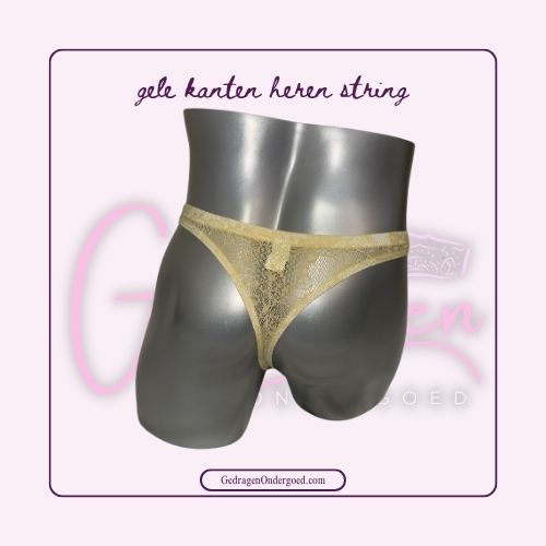 Achterkant gele kanten string gepresenteerd op een paspop