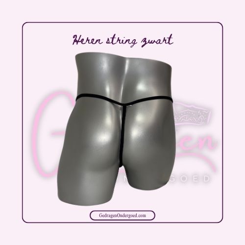 Achterkant Zwarte heren tanga gepresenteerd op een pop