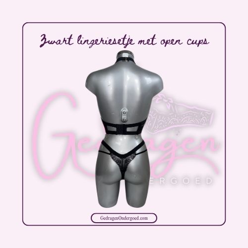 Achterkant van Heel sexy lingerie setje met half open cups van leer in het zwart gepresenteerd op een paspop