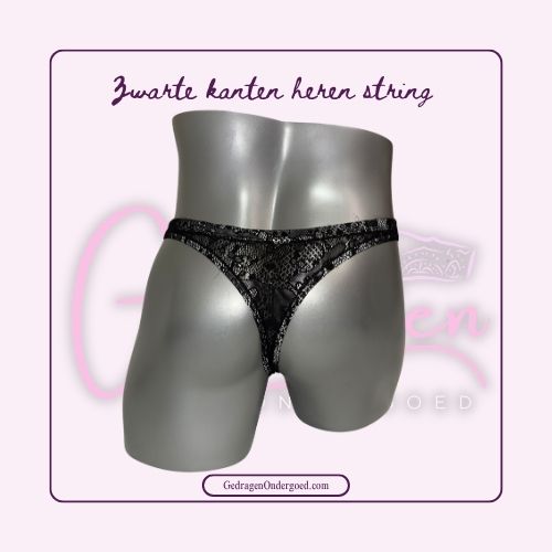 Achterkant van een string voor mannen van zwart kant gepresenteerd op een paspop