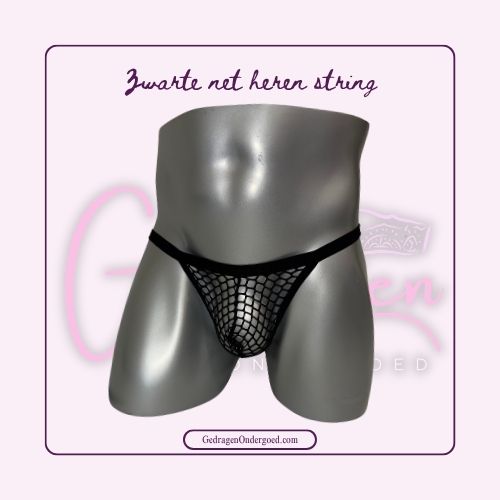 Zwarte mannen string gemaakt van netstof gedragen door een paspop