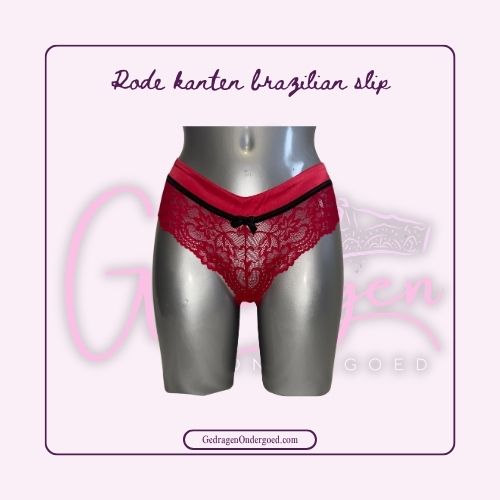Rode Kanten Brazilian Slip met satijnen band en afgezet met een zwart randje van gedragen ondergoed gepresenteerd op een paspop