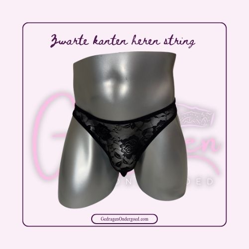 Voorkant zwart heren string gepresenteerd op een heren paspop