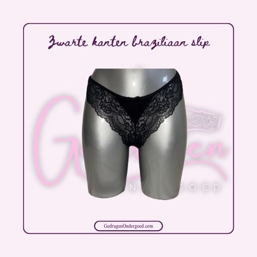 Zwarte Brazilian Slip Satijn met Kant van  gedragen ondergoed gepresenteerd op een paspop