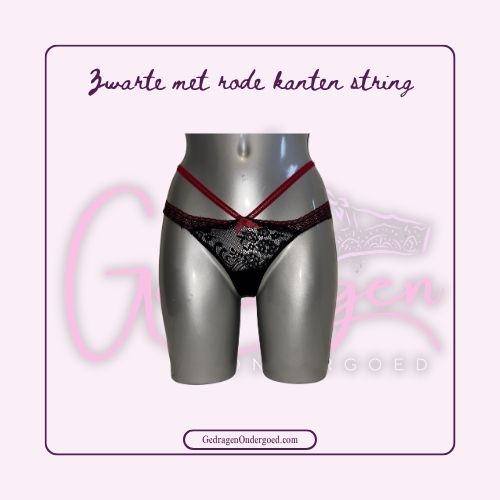 Zwarte Kanten String met Rood Bandje om de middel gedragen door gedragen ondergoed gepresenteerd op een paspop
