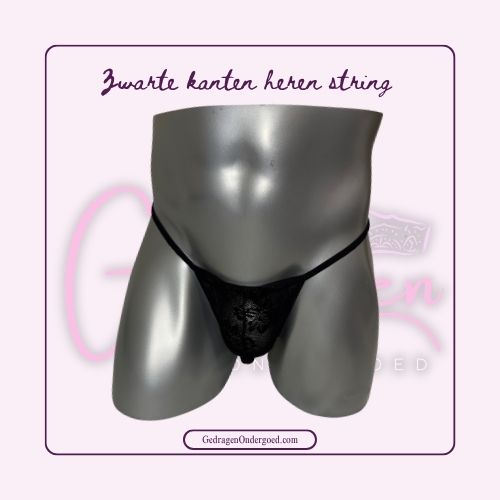 Voorkant zwrte heren tanga van kant gepresenteerd op een paspop