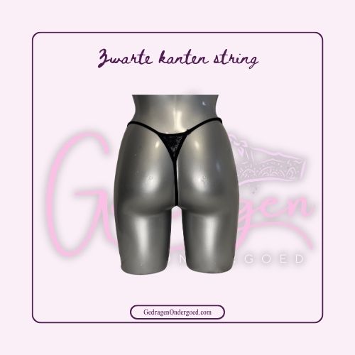 Achterkant Minimalistische Zwarte Kanten String gedragen door gedragen ondergoed gepresenteerd op een paspop