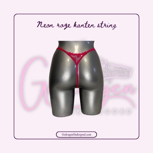 Achterkant Neon roze kanten dames string van gedragen ondergoed gepresenteerd op een paspop