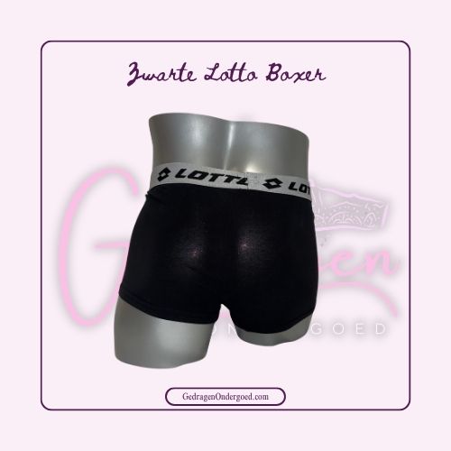 Achterkant Zwarte Lotto Heren Boxer met Witte elastieken Rand gedragen door gedragen ondergoed gepresenteerd op een paspop
