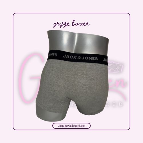 Achterkant grijze jack & jones boxer gepresenteerd op een paspop