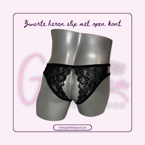Achterkant heren slip zwart kant met open kont gepresenteerd op een pop 