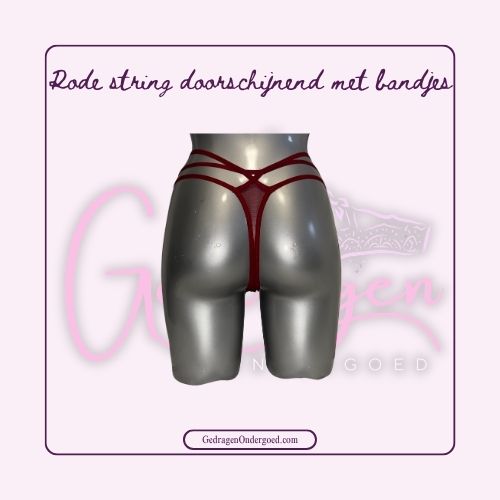 Achterkant van Een hele sexy mooie doorschijnende rode string met extra bandjes van gedragen ondergoed gepresenteerd op een paspop