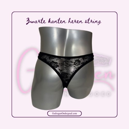 Achterkant zwart heren string gepresenteerd op een heren paspop