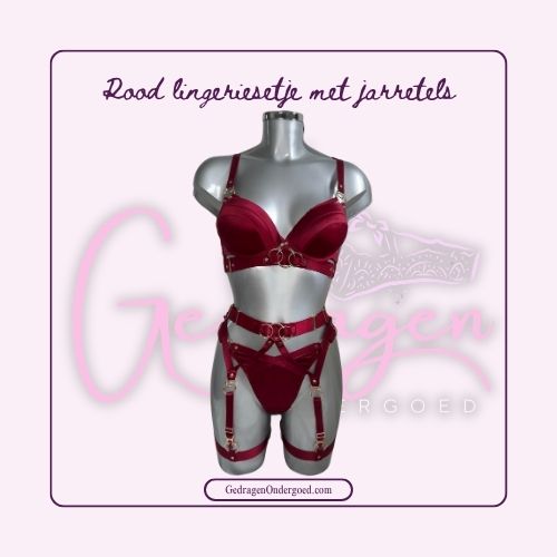 Donker rood lingerie setje met jarretels van satijn met brede banden de trend van nu gepresenteerd op een paspop