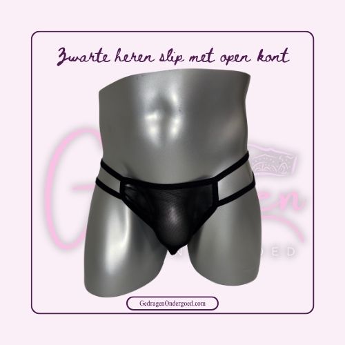 Voorkant heren slip zwart doorschijnend gepresenteerd op een paspop