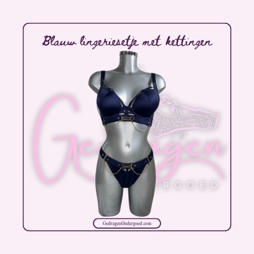 Donker Blauw Lingerie Setje Satijn met Kettingen