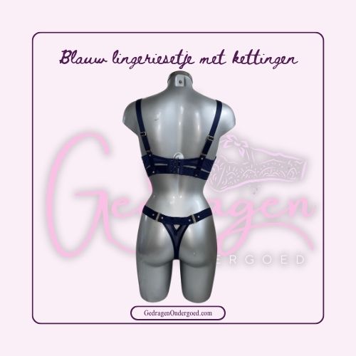 Donker Blauw Lingerie Setje Satijn met Kettingen