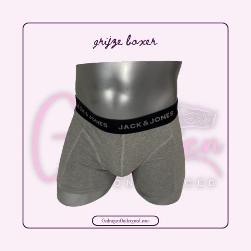 Voorkant grijze jack & jones boxer gepresenteerd op een paspop