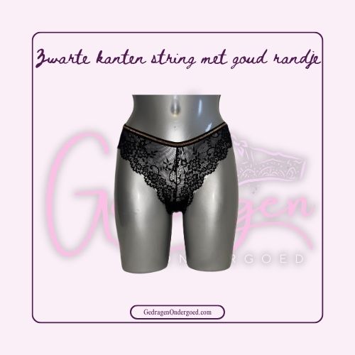 Hele sexy doorschijnende zwarte kanten string met een goud randje boven gedragen door gedragen Ondergoed gepresenteerd op een paspop