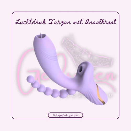Paarse tarzan met luchtdruk vibrator voor clitoris stimulatie met als extra detail anaalkraal gebruikt door haar van gedragen ondergoed