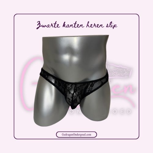 Voorkant zwarte kanten heren slip gepresenteerd op een paspop