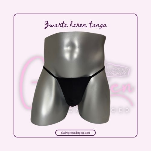 Voorkant van een heren tanga zwart voorkant kunstleer gedragen door een pop 
