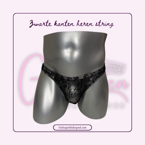 Voorkant van een string voor mannen van zwart kant gepresenteerd op een paspop