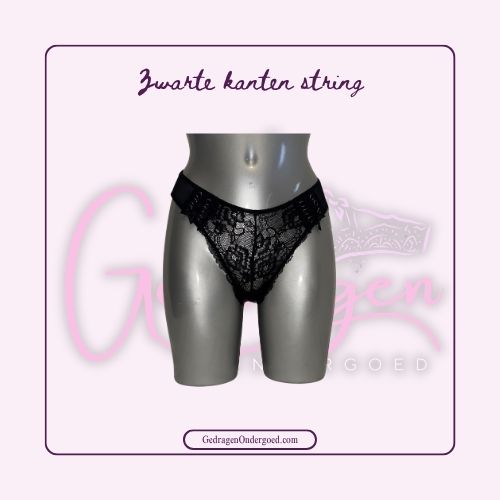 Zwart Kanten String met gevlochten detail op de heup gedragen door gedragen ondergoed gepresenteerd op een paspop