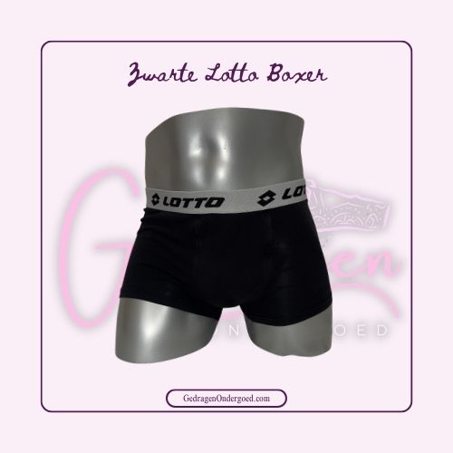 Zwarte Lotto Heren Boxer met Witte elastieken Rand gedragen door gedragen ondergoed gepresenteerd op een paspop