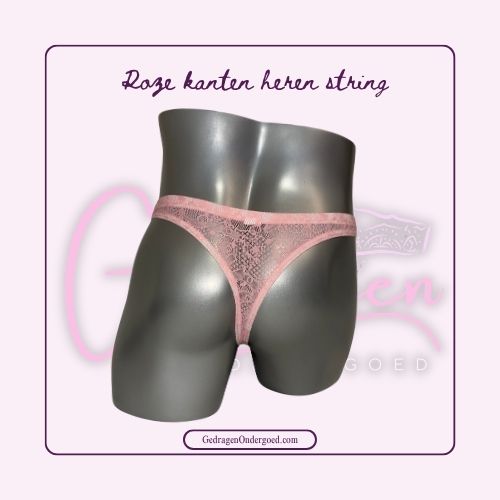Achterkant roze heren kanten string gepresenteerd op een pop 