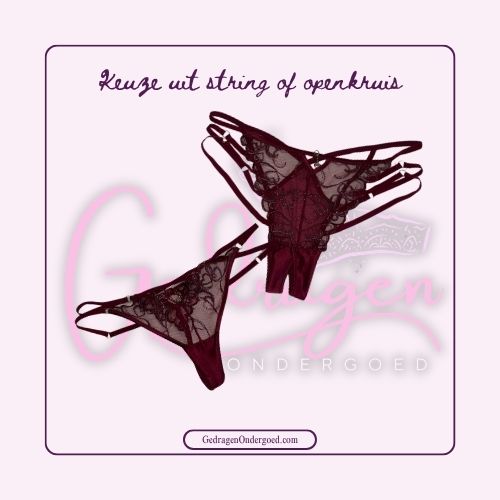 Leuke rode String en Braziliaan slip met open kruis gepresenteerd op de grond. hier zie je het verschil in slips en kan je kiezen